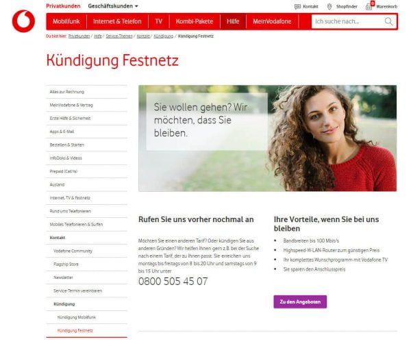 Vodafone Festnetz Kündigung